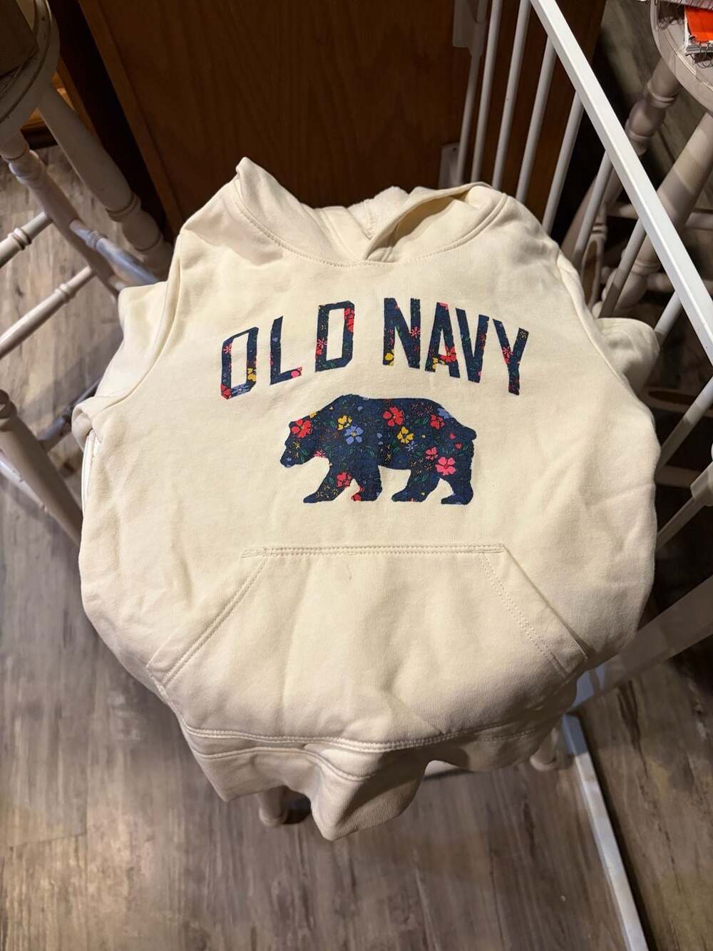 Old Navy Off-White Floral Bear Logo Graphic Pullover Hoodie